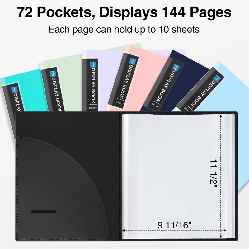 سويز حافظة Sooez تحتوي على 72 جيبًا بأكمام بلاستيكية وشريط مطاطي، سعة كبيرة 8.5x11 عرض كتاب العرض 144 صفحة، مجلد مستندات محفظة فنية مع واقيات أوراق شفافة للمدرسة المكتبية - Image 3